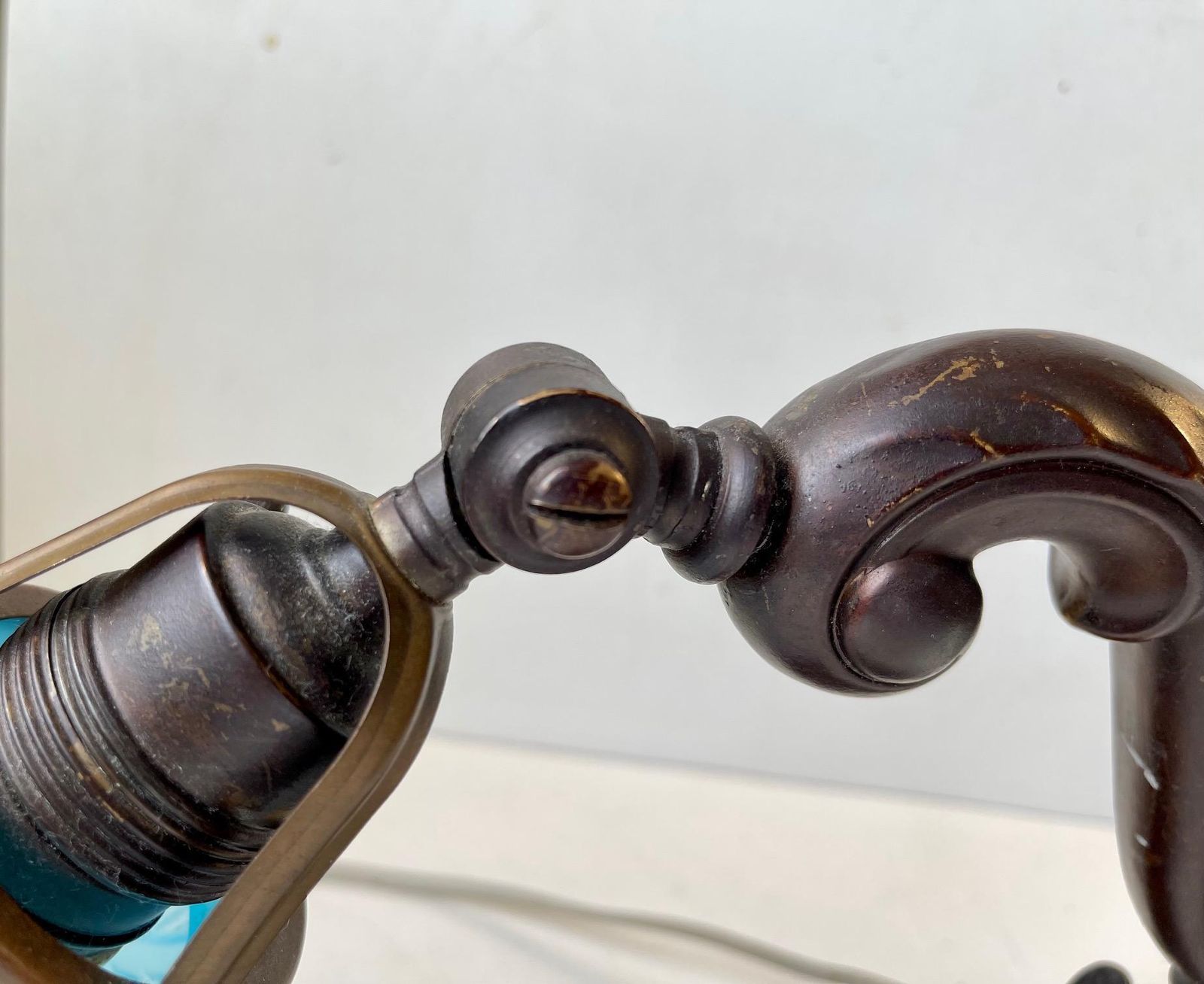 photo for sale Antique Piano Or Table Lamp In Bronze & Blue Glass, 1920s