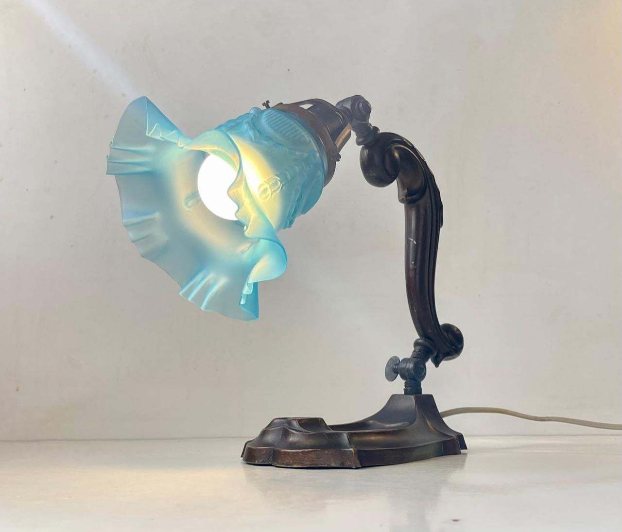 756.0 Antique Piano Or Table Lamp In Bronze & Blue Glass, 1920s photo