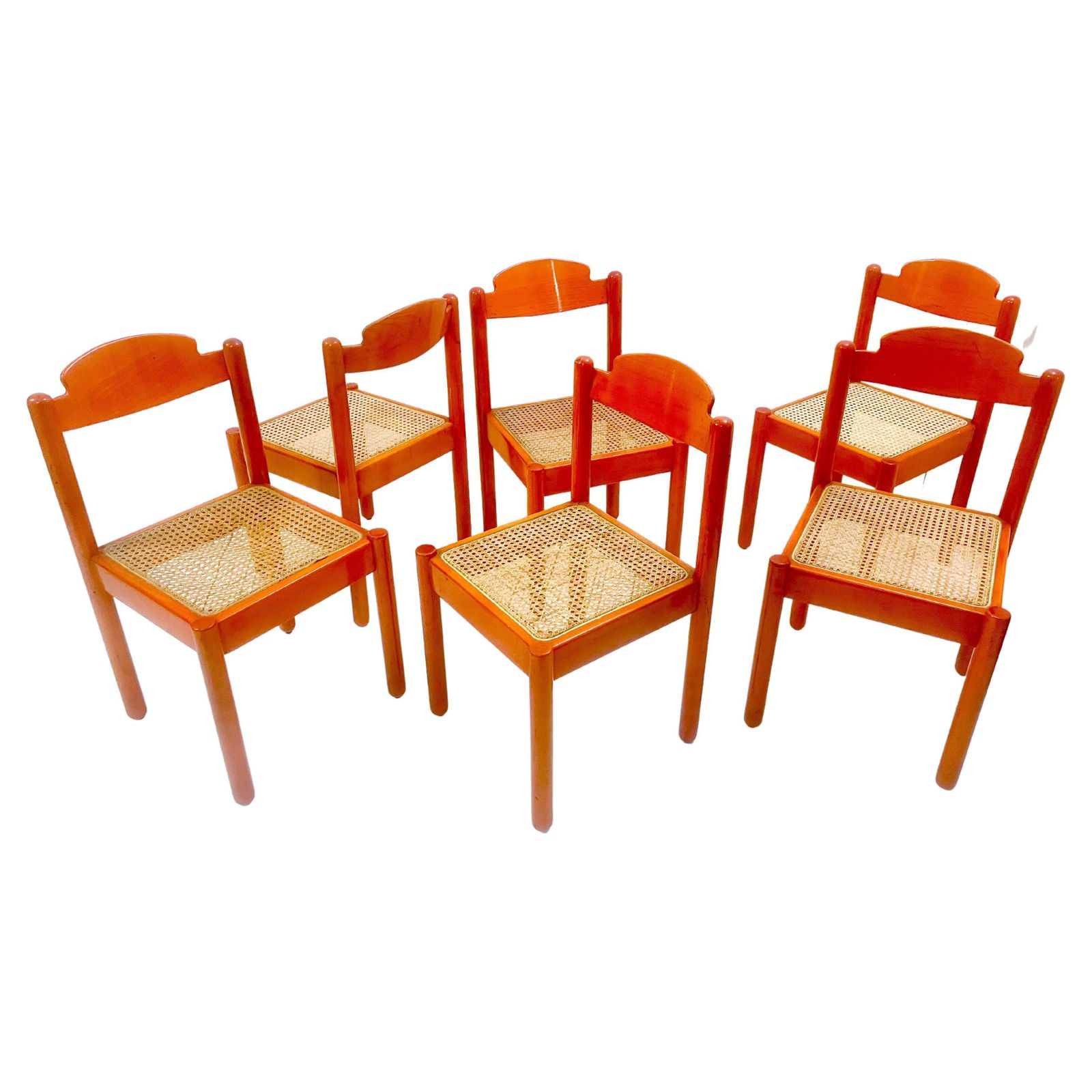 Mid Century Modern Set Of 6 Orange Chairs, Wood, Italy, 1960s