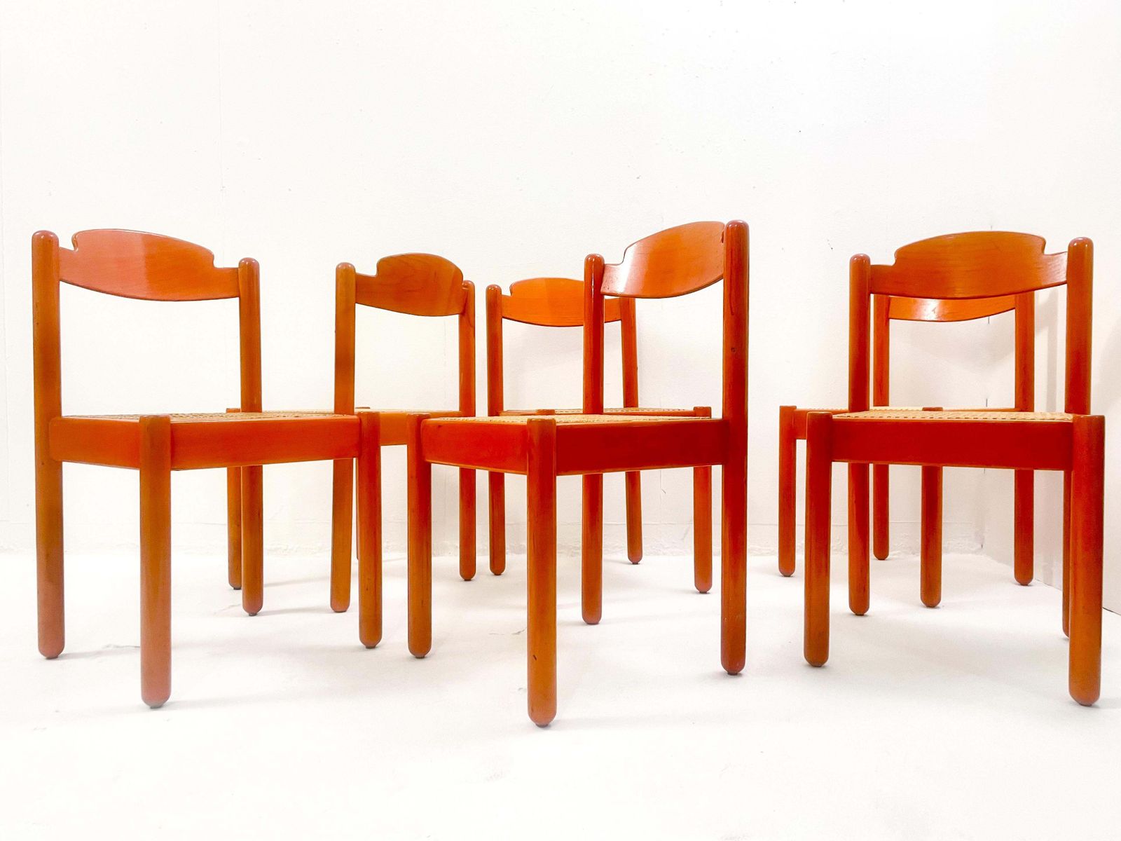 Mid Century Modern Set Of 6 Orange Chairs, Wood, Italy, 1960s photo buy