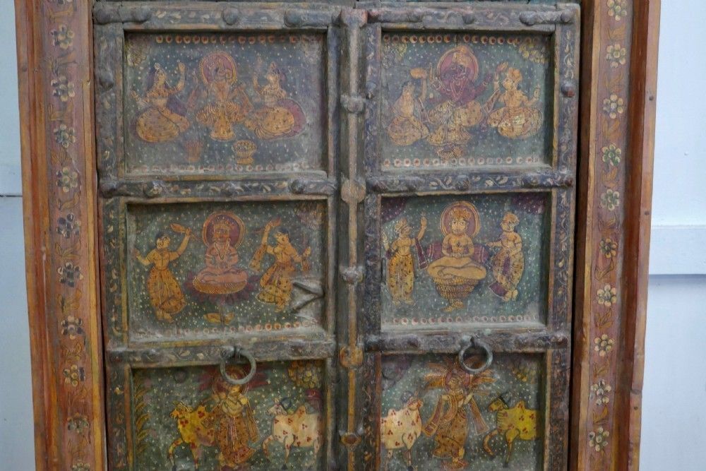 Anglo Indian Painted Doors In Original Frame, Wall Art photo vintage