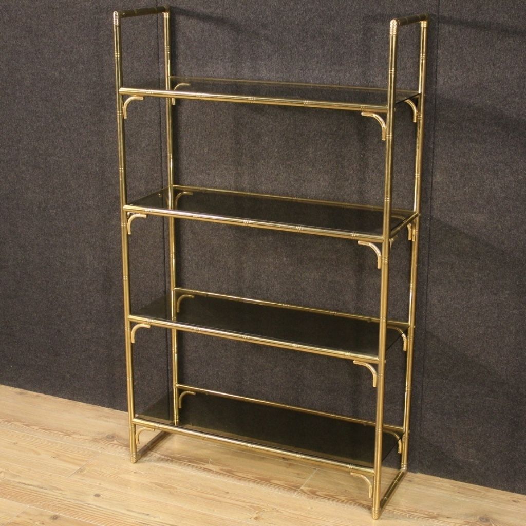 Italian Bookshelf In Golden Metal With Glass Shelves photo for sale