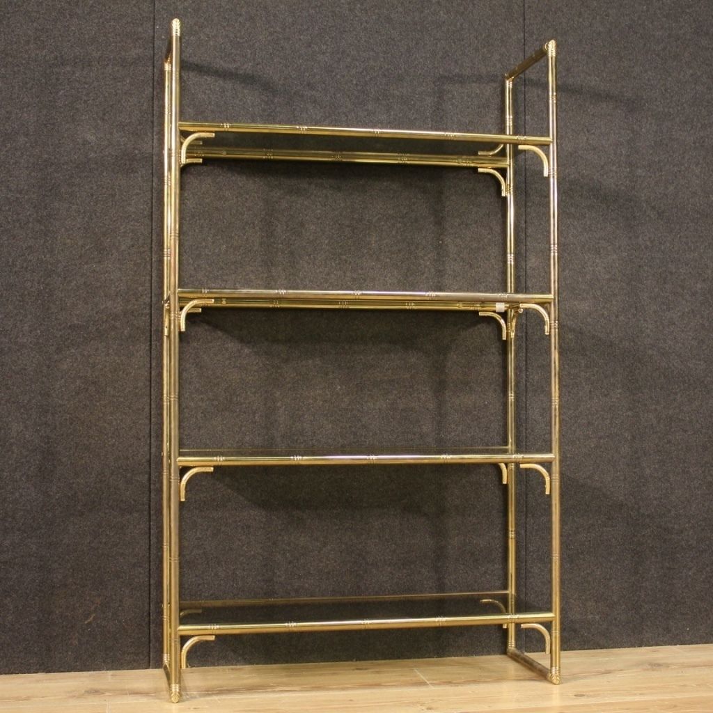 photo for sale Italian Bookshelf In Golden Metal With Glass Shelves