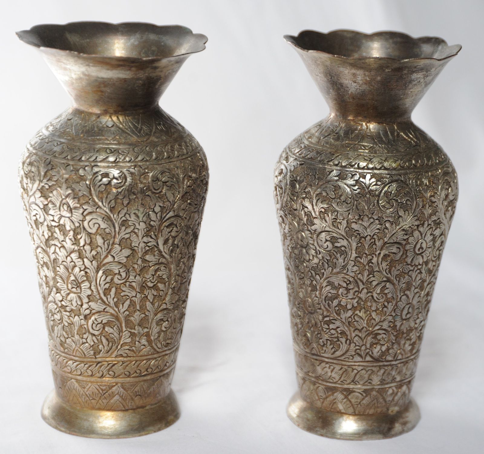 Antique Pair Of Finely Engraved Indian Tinned Brass Vases photo for sale