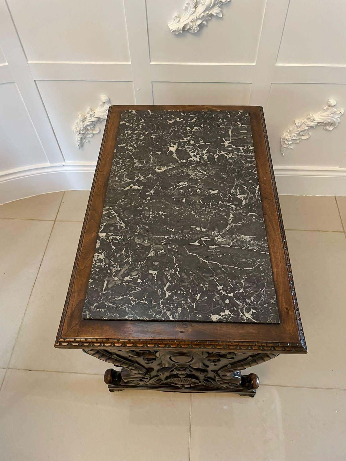 Unusual Antique Quality Carved Walnut And Marble Top Italian Coffee Table photo 1585.0