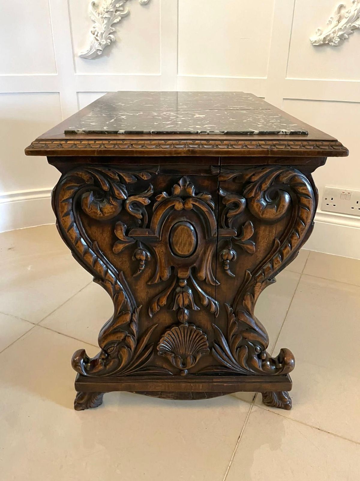 Unusual Antique Quality Carved Walnut And Marble Top Italian Coffee Table photo vintage