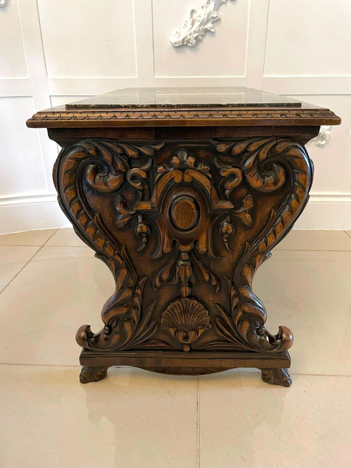 Furniture Unusual Antique Quality Carved Walnut And Marble Top Italian Coffee Table photo
