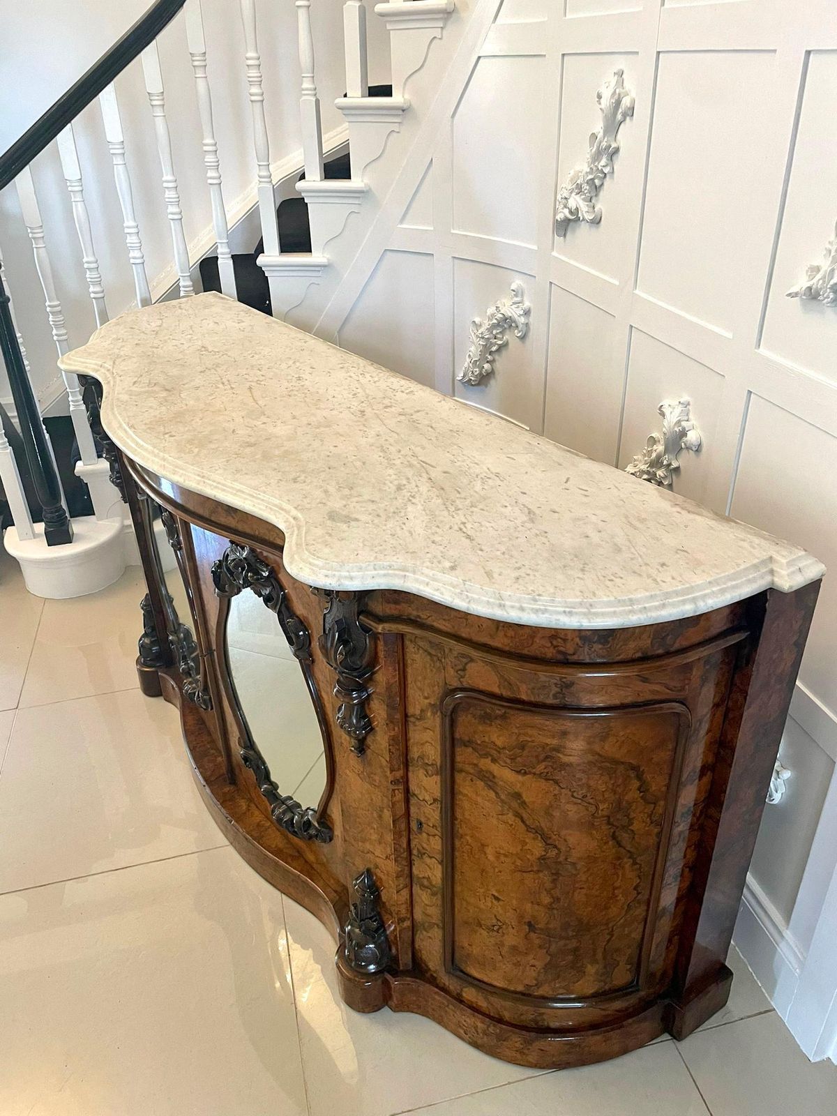 Outstanding Quality Antique Burr Walnut Marble Top Credenza/Sideboard photo 5950.0
