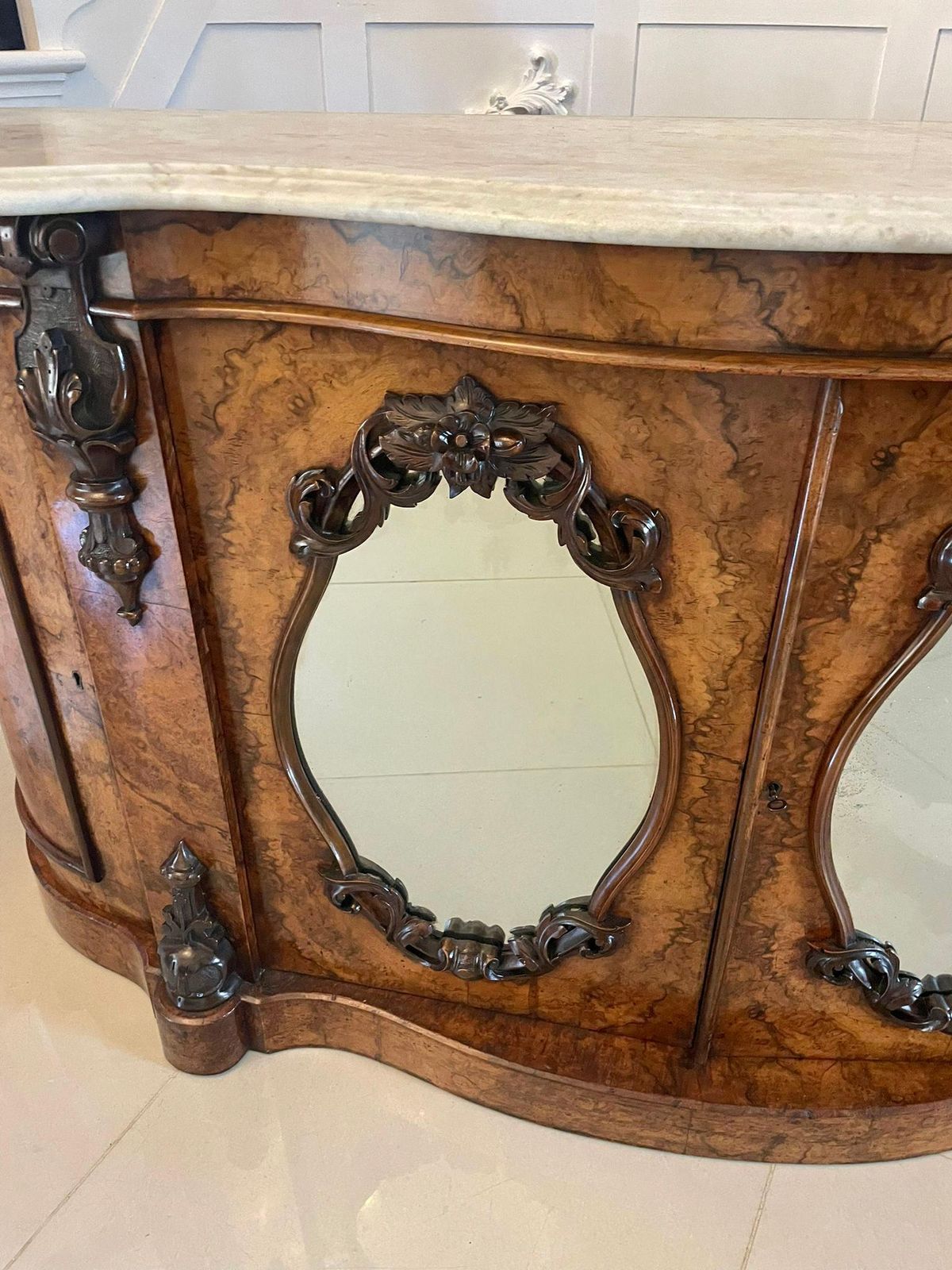photo furniture Outstanding Quality Antique Burr Walnut Marble Top Credenza/Sideboard