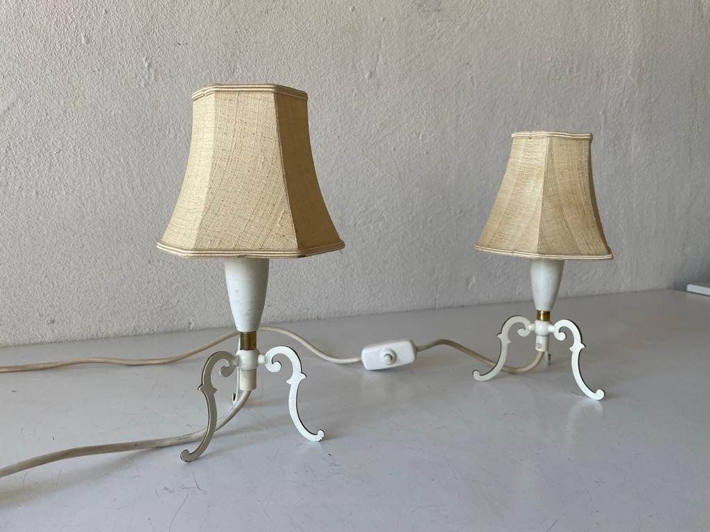 Mid Century Fabric Shade & White Metal Tripod Pair Of Bedside Lamps, 1950s, Germany