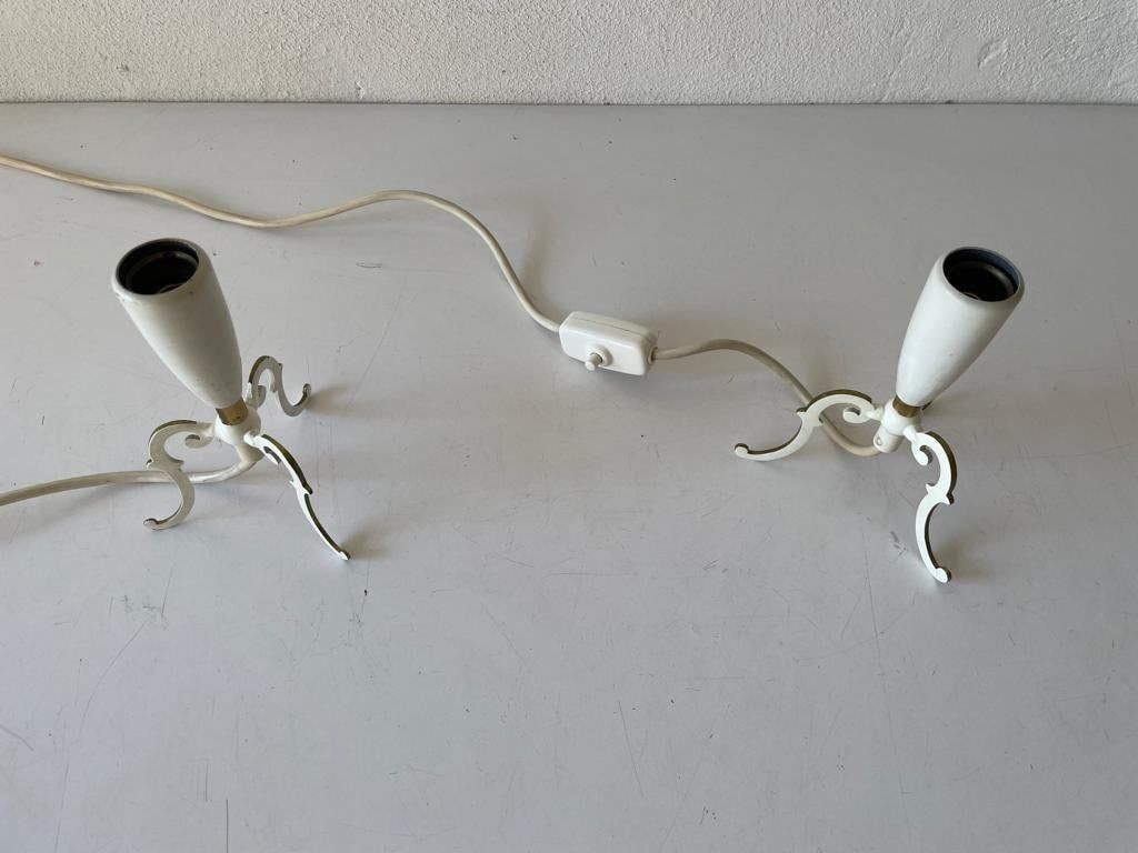 Mid Century Fabric Shade & White Metal Tripod Pair Of Bedside Lamps, 1950s, Germany photo 487.32