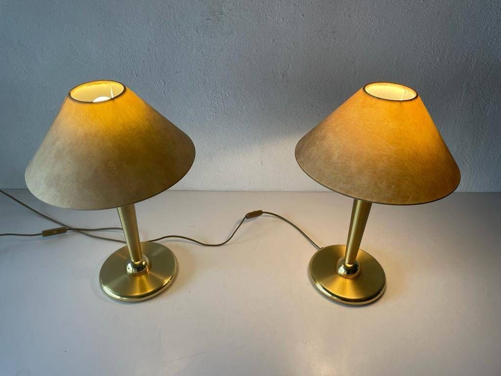 Fabric Shade & Brass Atomic Body Elegant Pair Of Table Lamps, 1980s, Germany photo Lighting