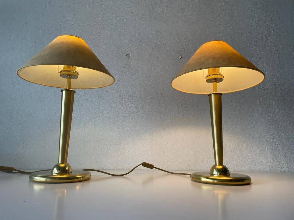 Fabric Shade & Brass Atomic Body Elegant Pair Of Table Lamps, 1980s, Germany photo vinterior