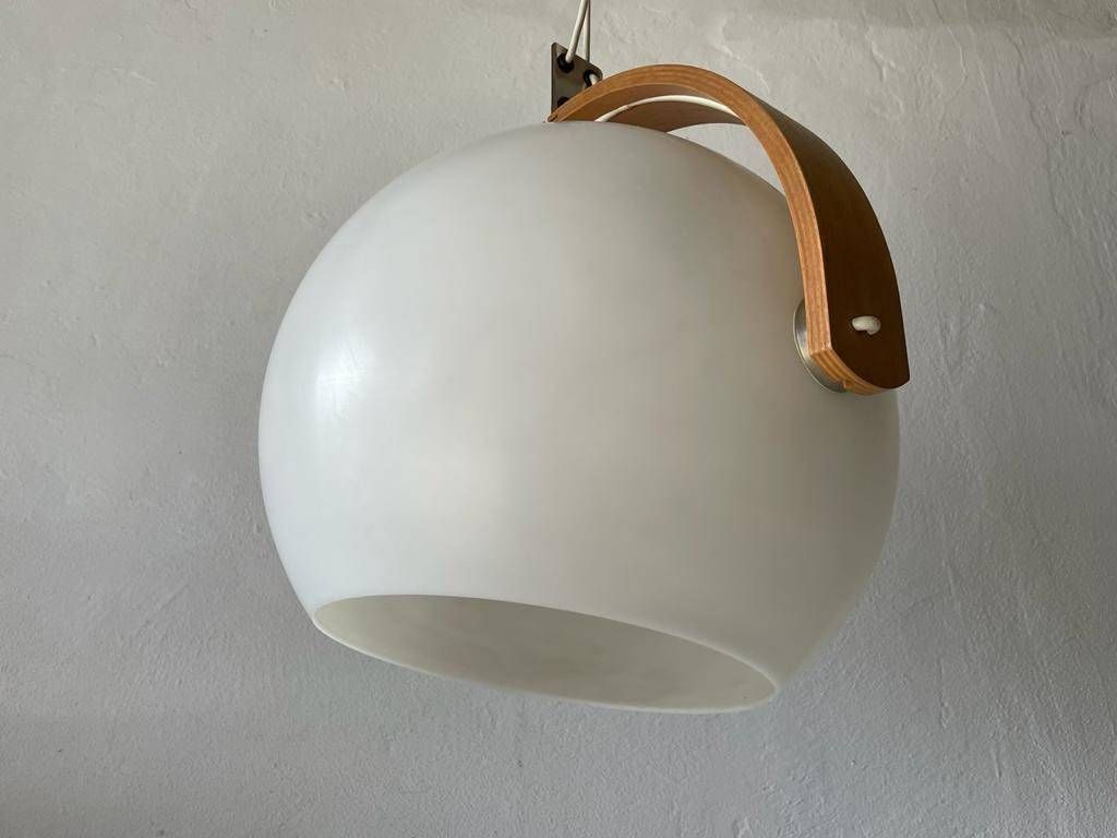 White Plastic And Bent Wood Space Age Pendant Lamp By Temde, 1970s, Switzerland photo buy