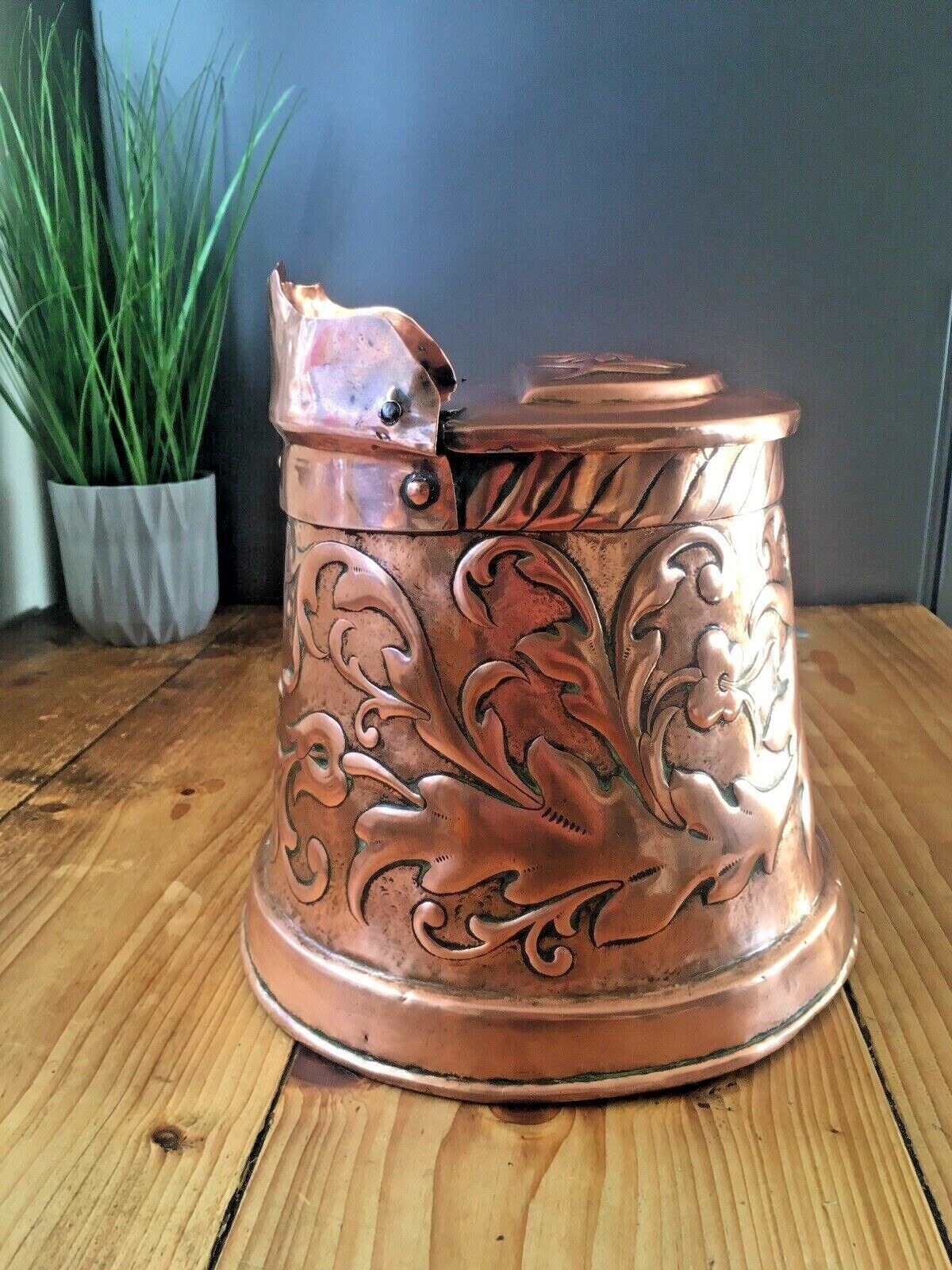 Antique Arts & Crafts Hanging Copper Salt Box Cellar Acanthus Leaf Norse God Sun photo for sale