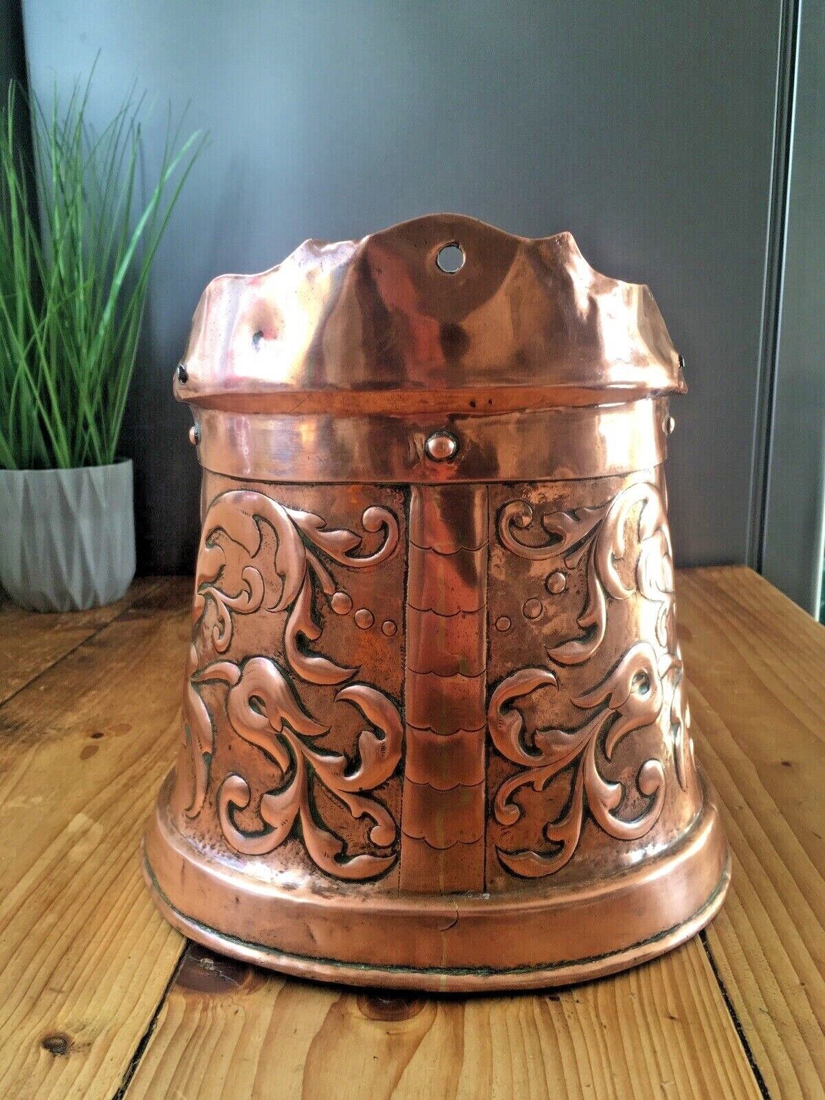 Antique Arts & Crafts Hanging Copper Salt Box Cellar Acanthus Leaf Norse God Sun photo Home Decor
