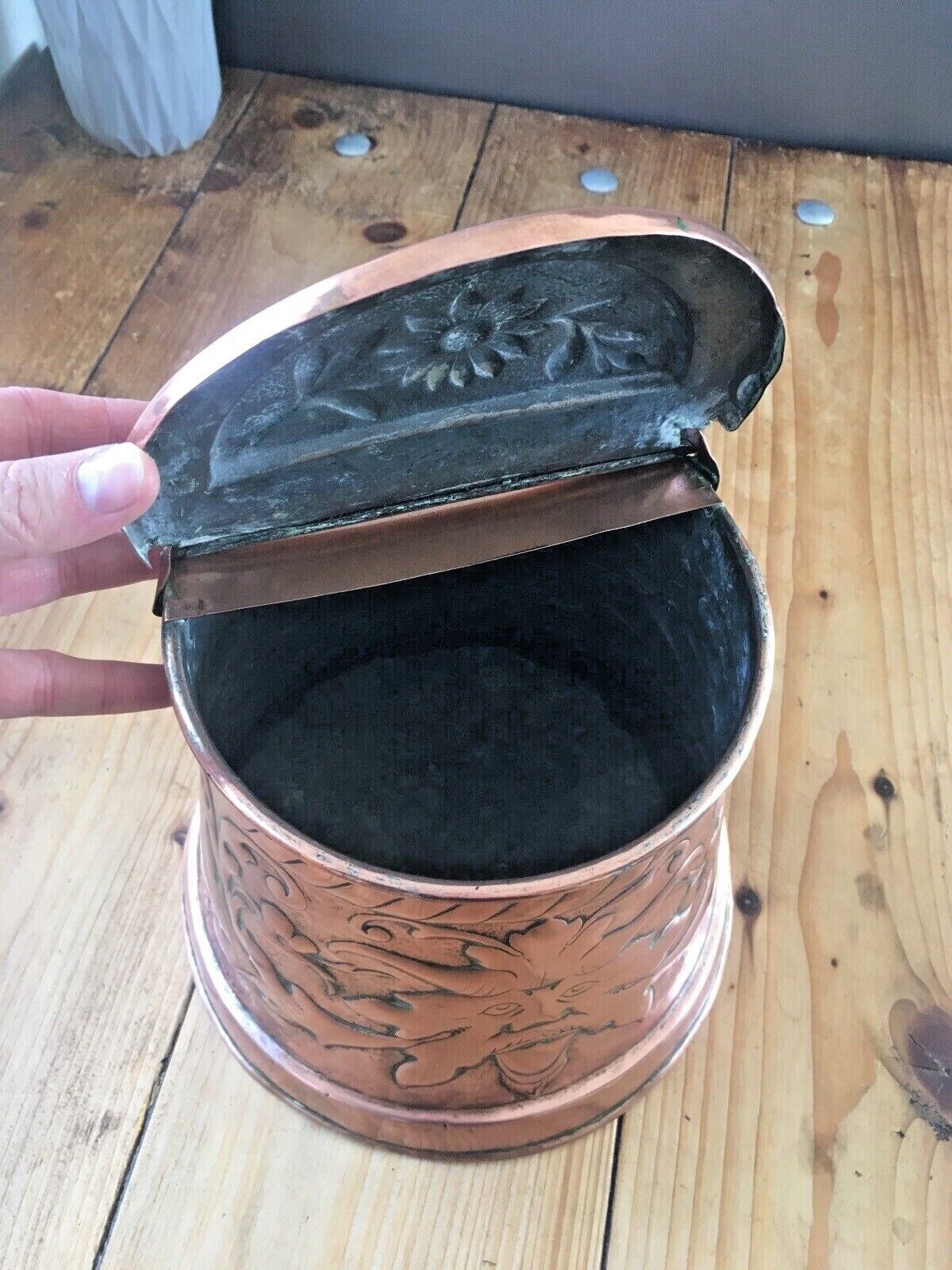 photo furniture Antique Arts & Crafts Hanging Copper Salt Box Cellar Acanthus Leaf Norse God Sun