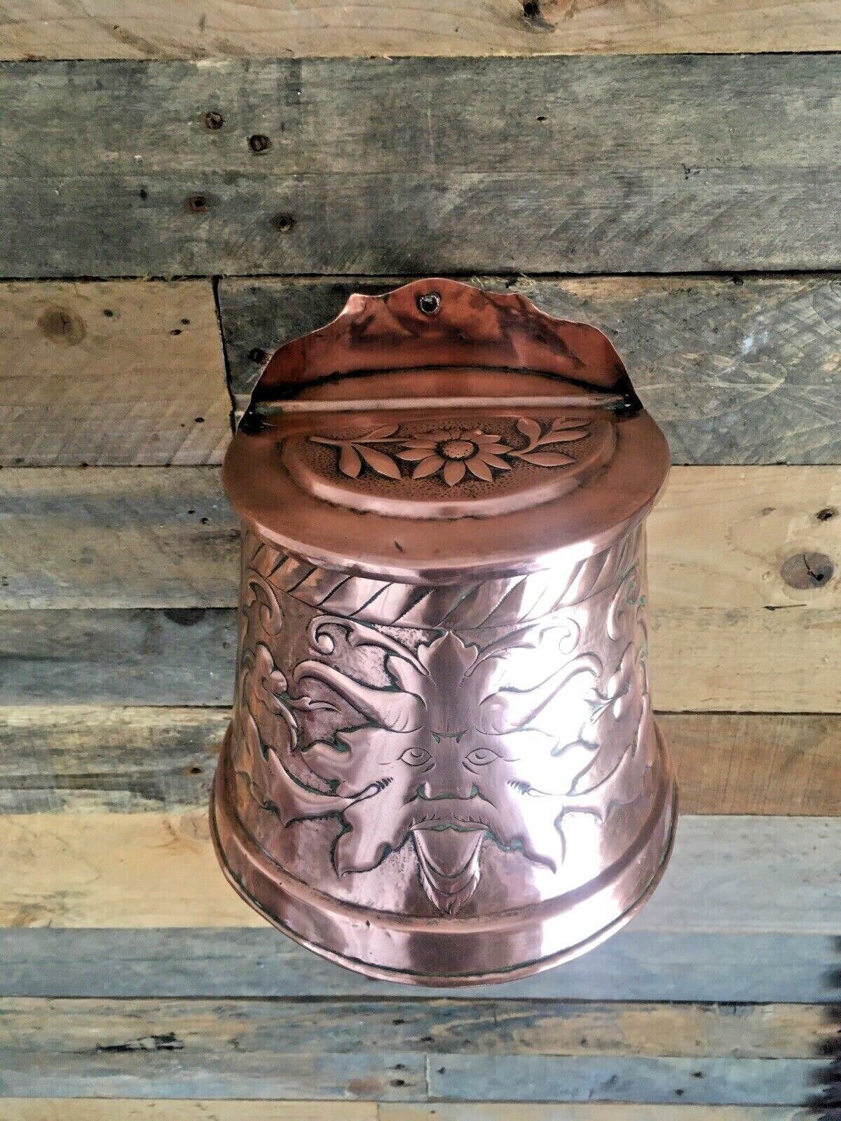 295.0 Antique Arts & Crafts Hanging Copper Salt Box Cellar Acanthus Leaf Norse God Sun photo