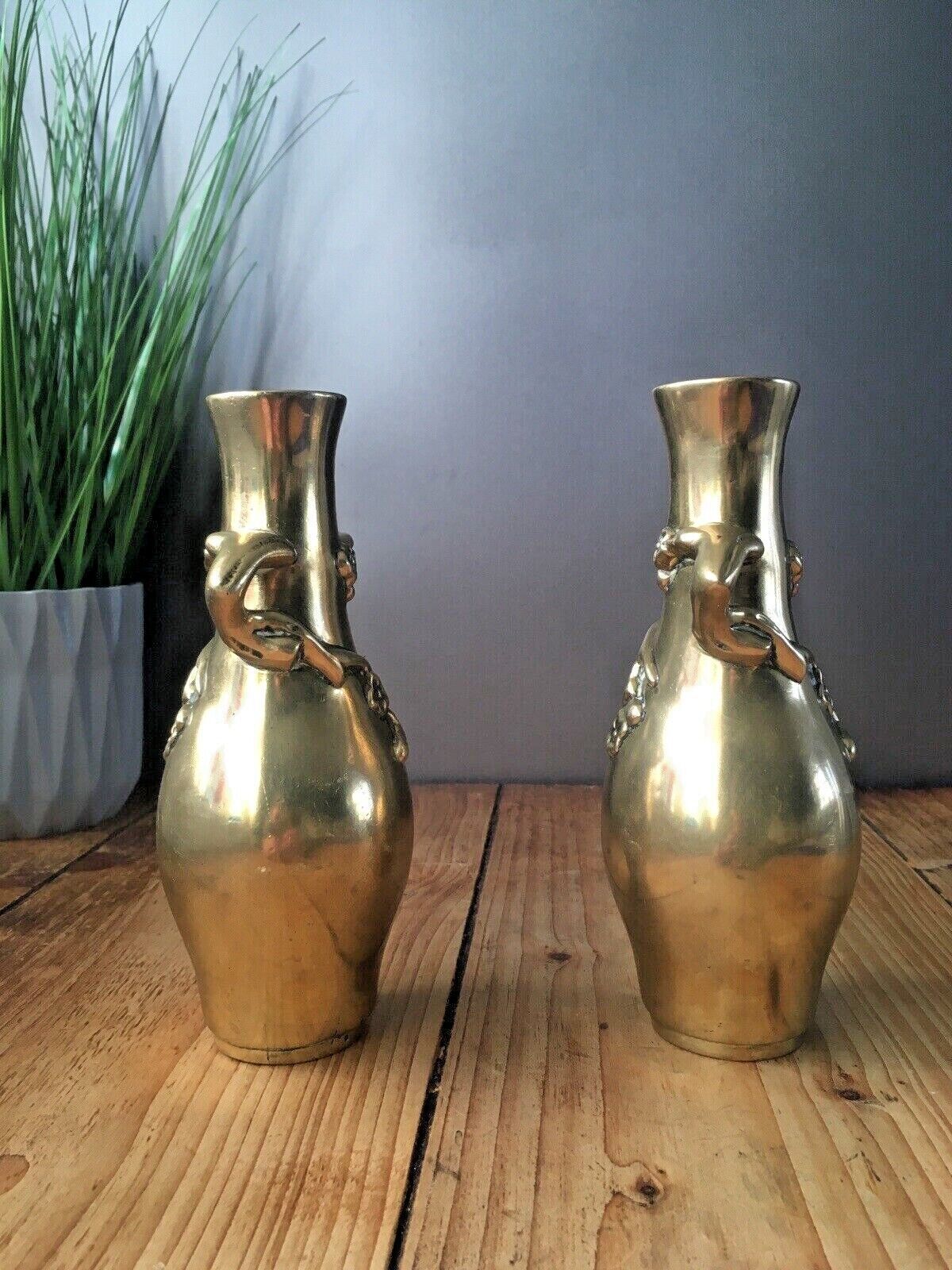 Pair Of Antique Japanese Meiji Period Brass Bud Vases Floral Aesthetic Movement photo for sale