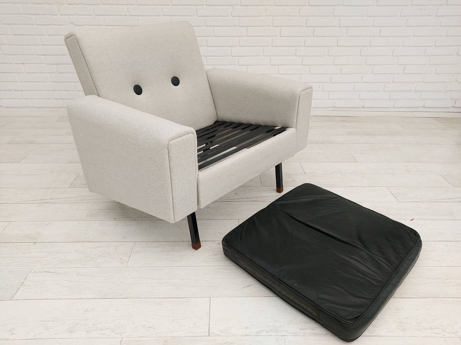 photo for sale Danish Armchair, 70s, Completely Reupholstered, Kvadrat Wool, Leather