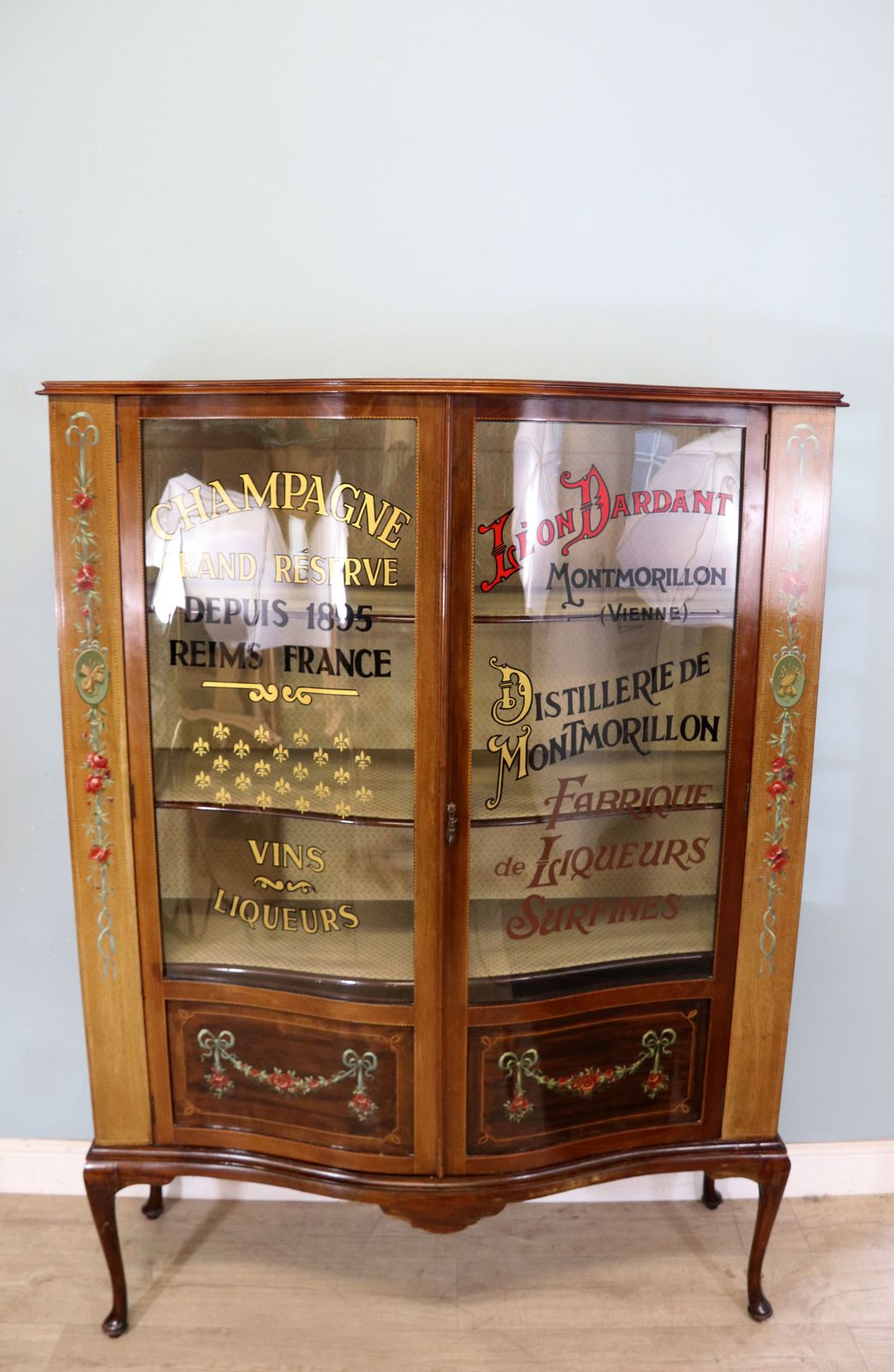 A Superb Edwardian Mahogany, Satinwood Inlaid And Floral Painted Display Cabinet. photo for sale