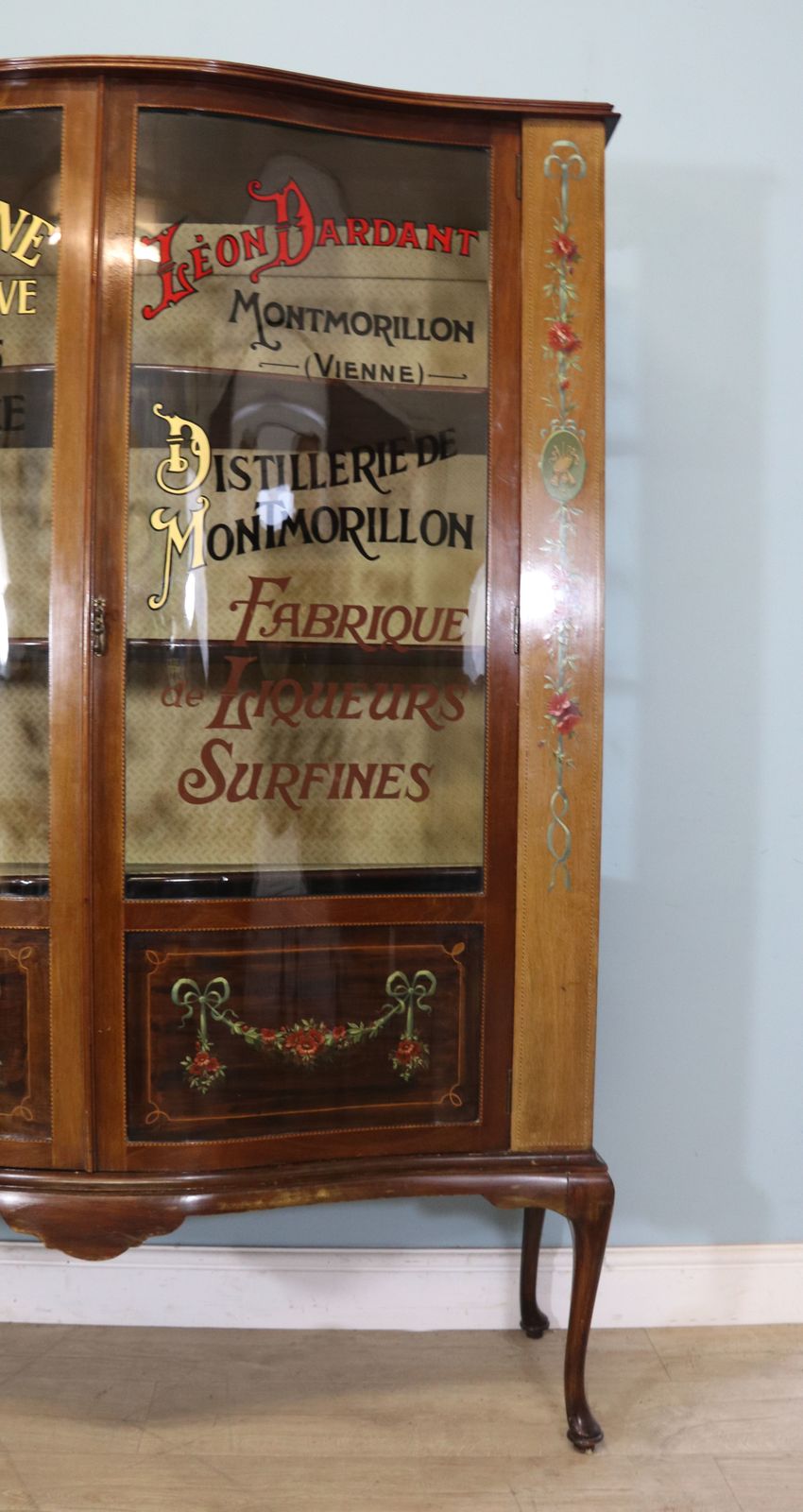 photo furniture A Superb Edwardian Mahogany, Satinwood Inlaid And Floral Painted Display Cabinet.