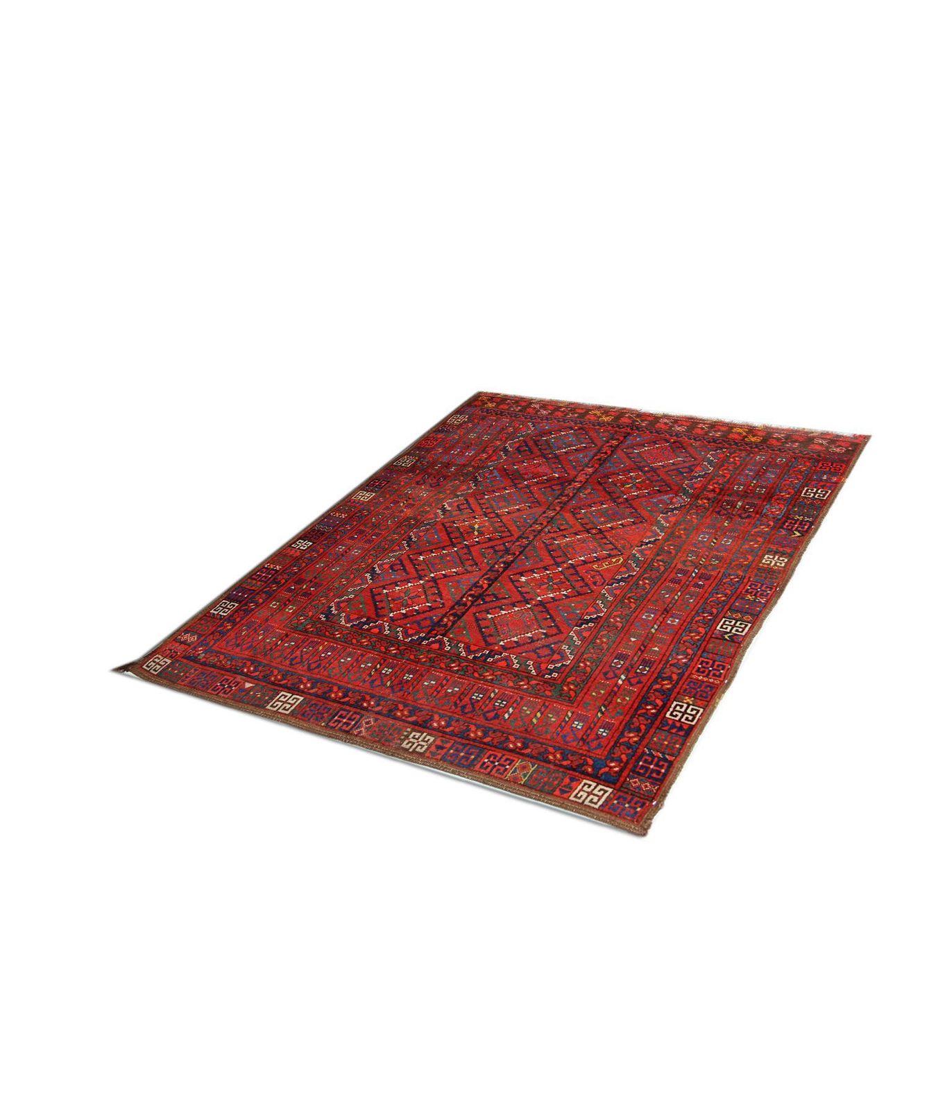 Geometric Red Turkmen Rug Handmade Carpet Antique Living Room Rug photo for sale