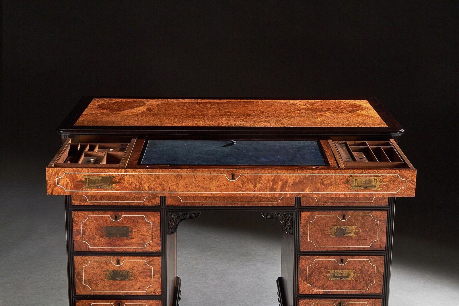 A Rare Chinese Export Amboyna And Ebony Campaign Kneehole Desk photo for sale