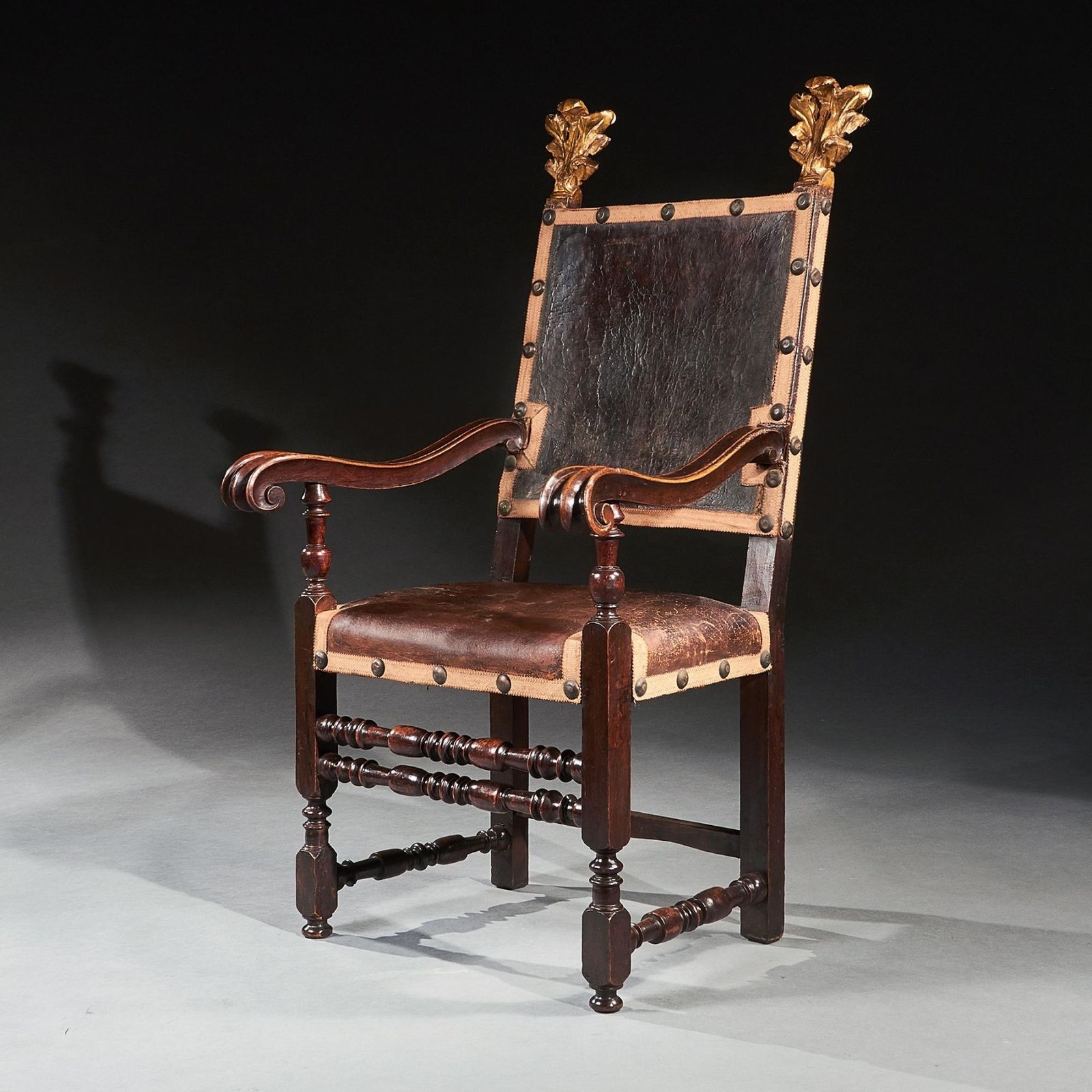 Pair Of 17th Century Italian Baroque Parcel Gilt Walnut Leather Armchairs photo Furniture