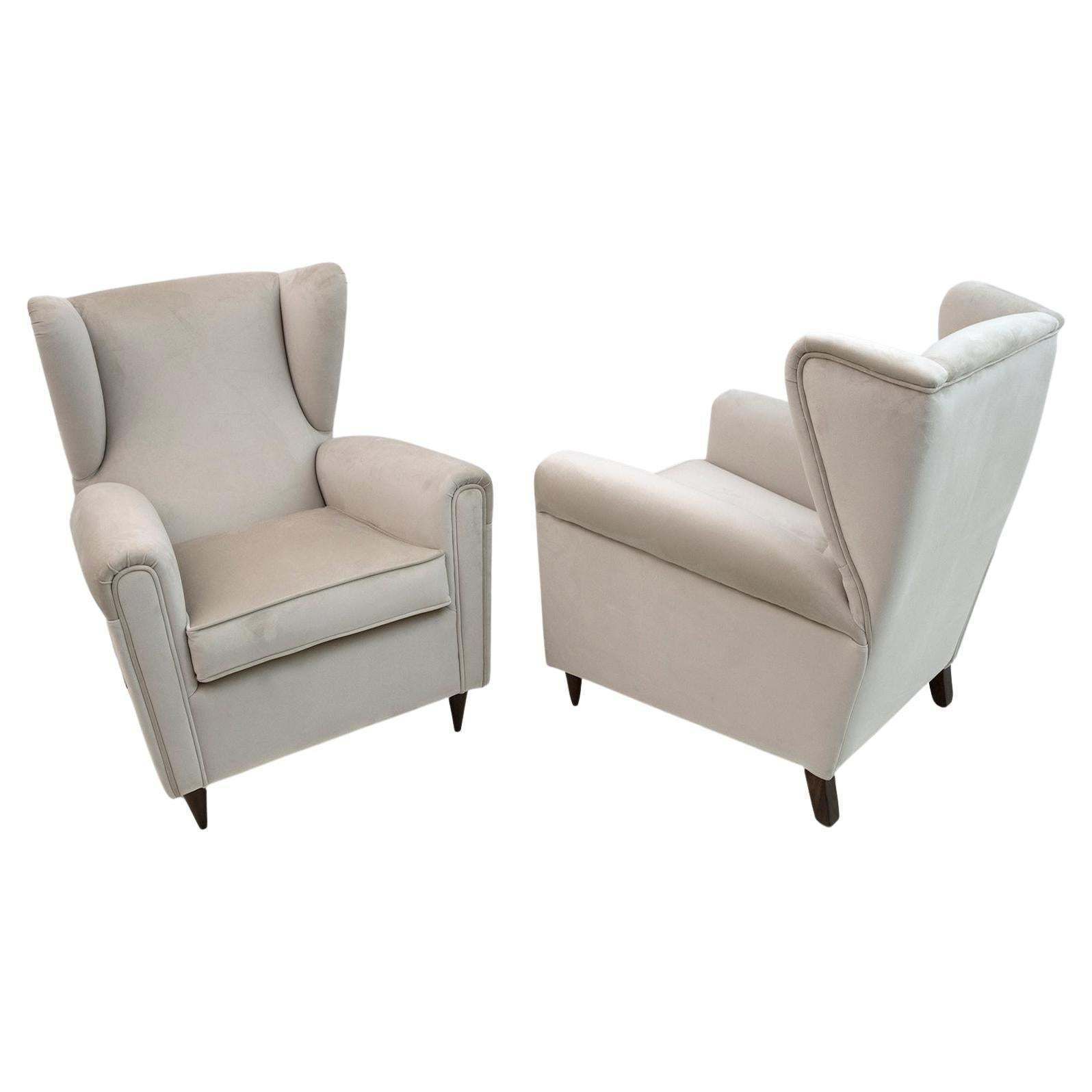 Pair Of Gio Ponti Mid Century Modern Italian Velvet Armchairs 1950s
