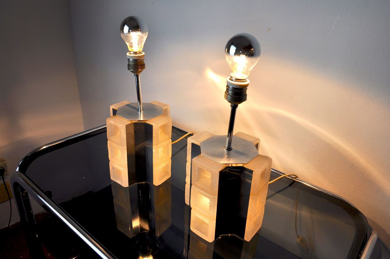 Pair Of Poliarte Cubic Lamps By Albano Poli Murano Glass Italy 1960 photo Lighting