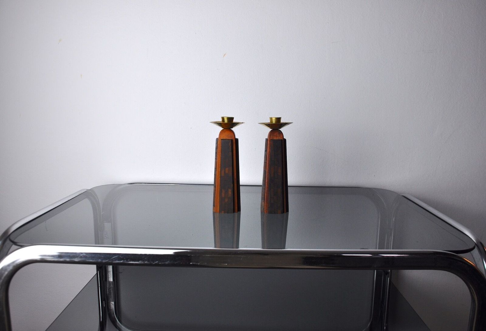 Pair Of David Candlesticks In Olive Wood Handcrafted In Israel 1960 photo furniture