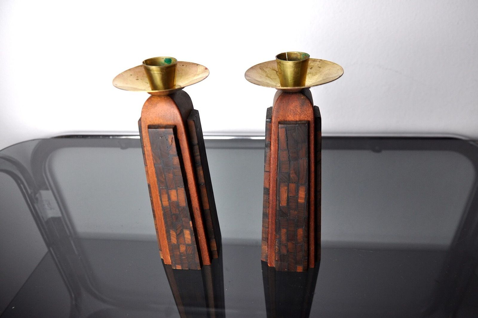 Pair Of David Candlesticks In Olive Wood Handcrafted In Israel 1960 photo for sale