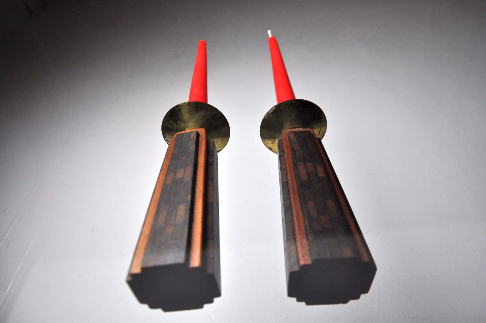 Pair Of David Candlesticks In Olive Wood Handcrafted In Israel 1960 photo vinterior