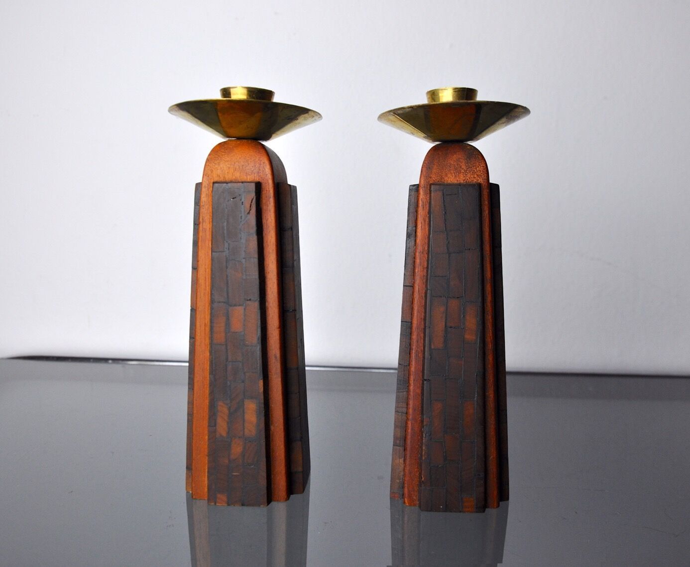 photo furniture Pair Of David Candlesticks In Olive Wood Handcrafted In Israel 1960