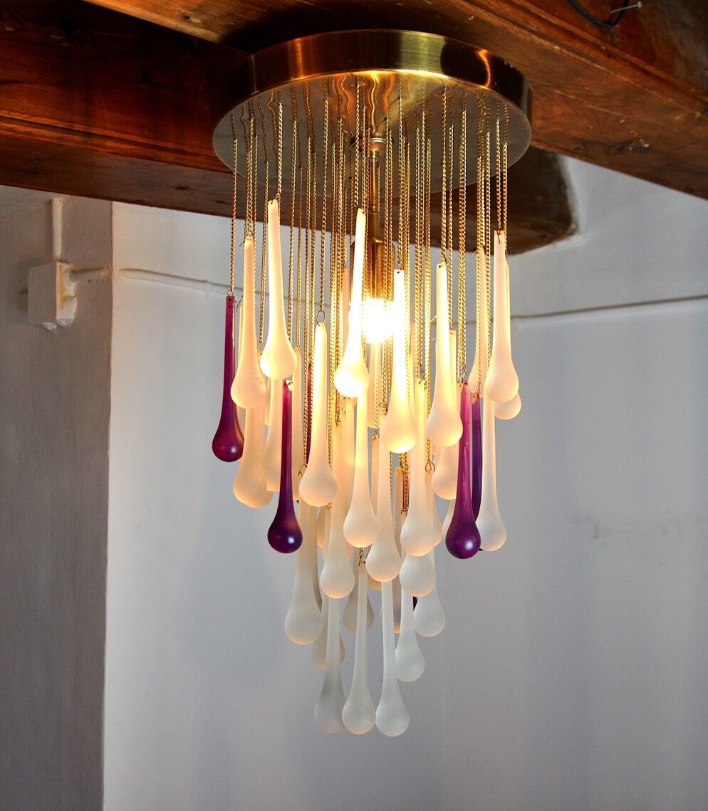 Cascading Ceiling Lamp By Venini Murano Crystals Two Tone Purple And White Italy 1960 photo vintage