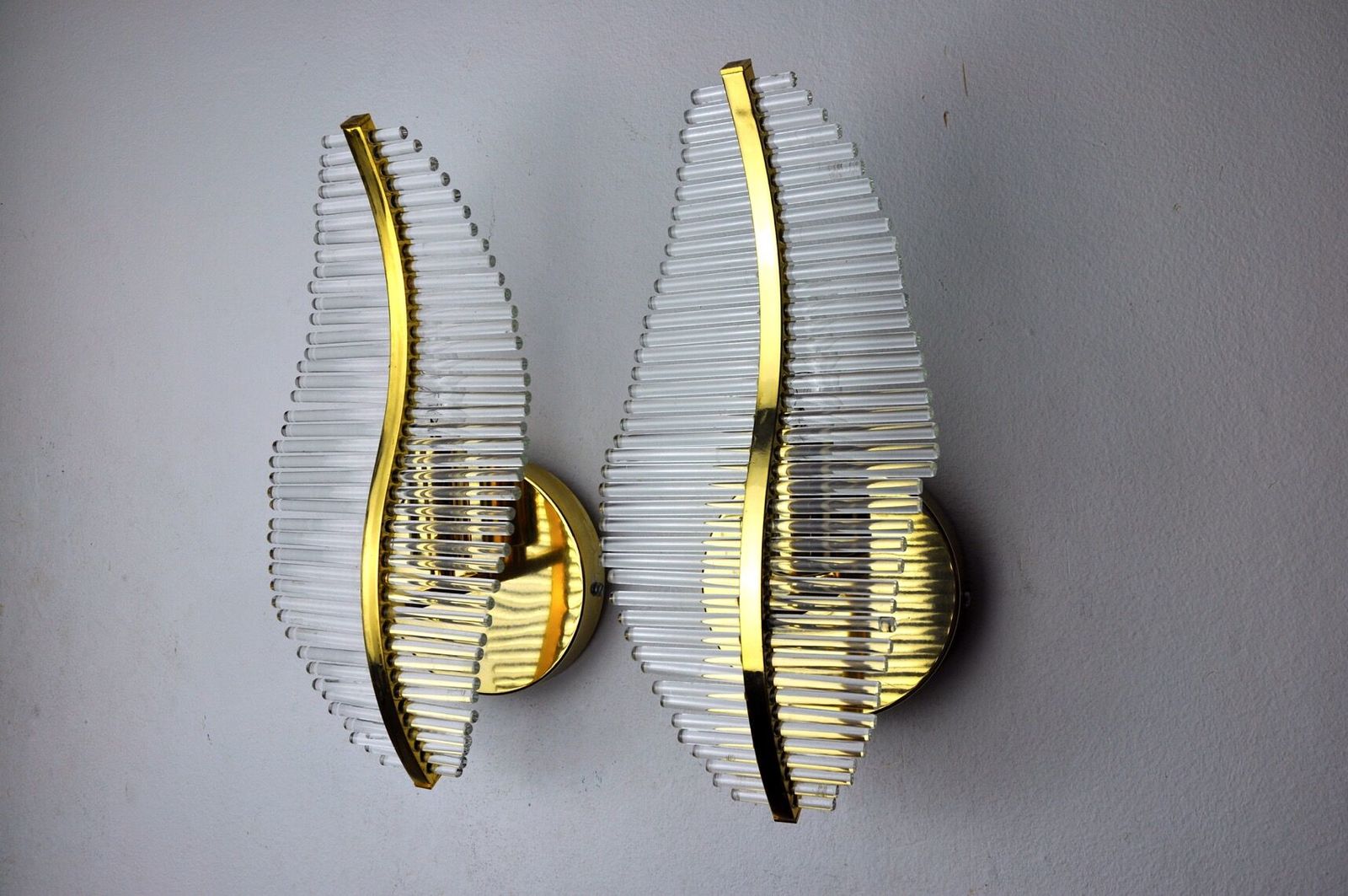 Pair Of Golden Venini Floral Sconces Murano Tubular Glasses Italy 1970 photo Lighting