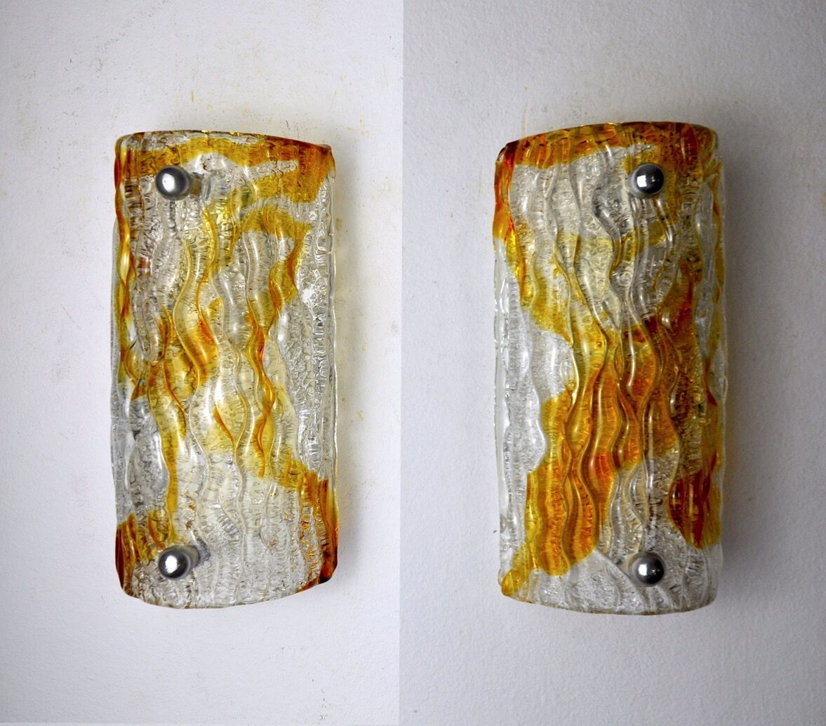 Pair Of Murano Mazzega Sconces Orange Frosted Glass Italy 1960 photo vintage