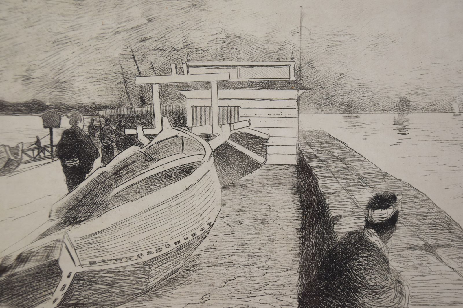 Impressionist Etching Of A Japanese Or Tahitian Harbour photo for sale