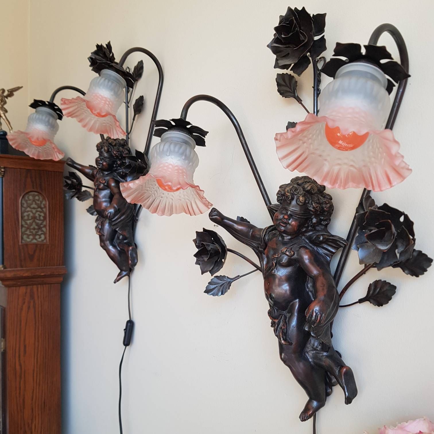 Wall Sconces With Cherubs, Angels Wall Lamps, Pink Lamp Shades Baroque Style photo for sale