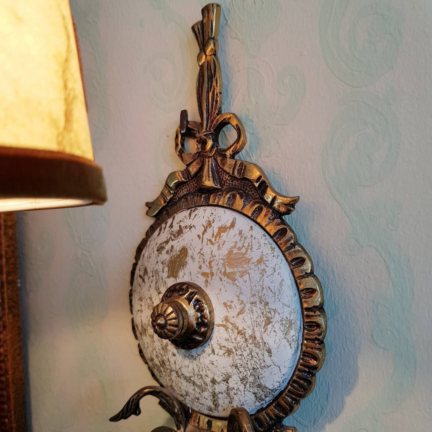Vintage Pair Of Wall Sconces, Crystal Drops, Porcelain Medallion Lamps, Wall Light, Home Decor, Bronze Ribbons photo vinterior