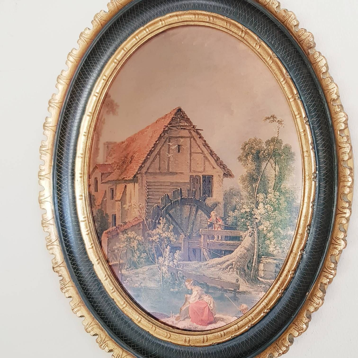Italiaans Groot Ovaal Schilderij, Kunstdruk Op Messing, Romantisch Tafereel, Landschap, Wanddecoratie, Interieur photo 244.0