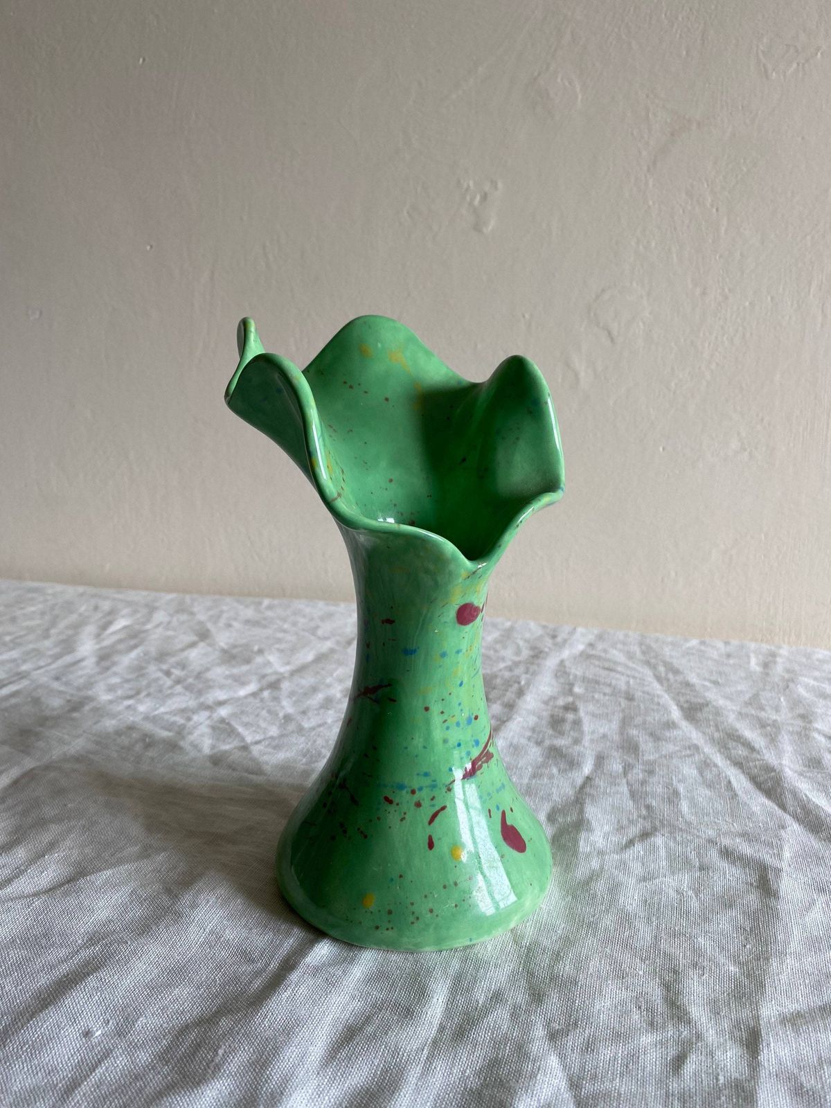 photo furniture Green Wiggly Wavy Handkerchief Vase With Hand Painted Splatter Detail Mid Century Vintage C. 1970