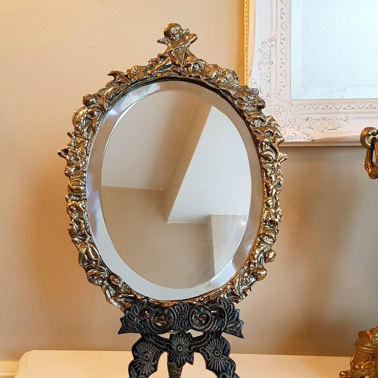 Oude Facetgeslepen Wandspiegel, Lijst In Goudkleurig Brons/Messing photo 187.0