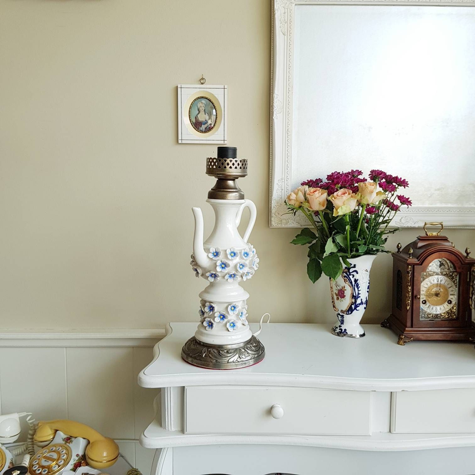 Porcelain Table Lamp With Blue Flowers Motif, Teapot Shape, Great Condition photo for sale