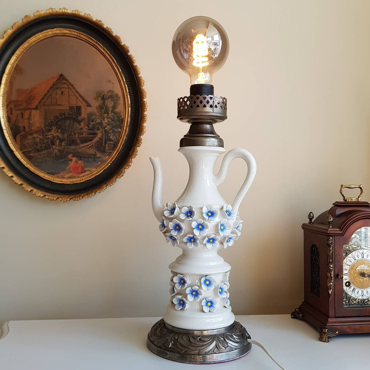 Porcelain Table Lamp With Blue Flowers Motif, Teapot Shape, Great Condition photo Lighting