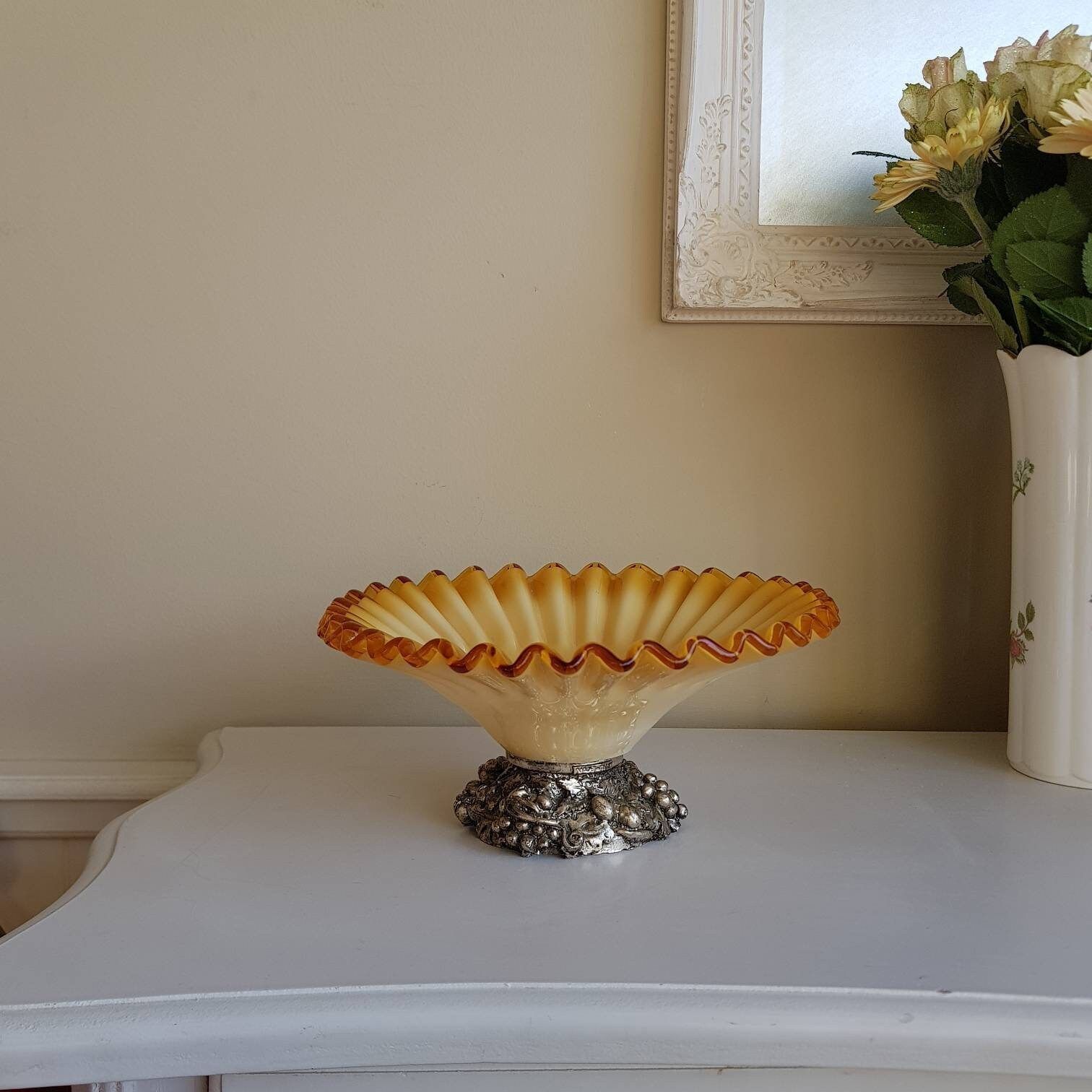 Vintage Kristallen Murano Glazen Fruitschaal Op Zilveren Voet – Decoratief Middenstuk, Bruiloft, Cadeau Idee photo Woonaccessoires