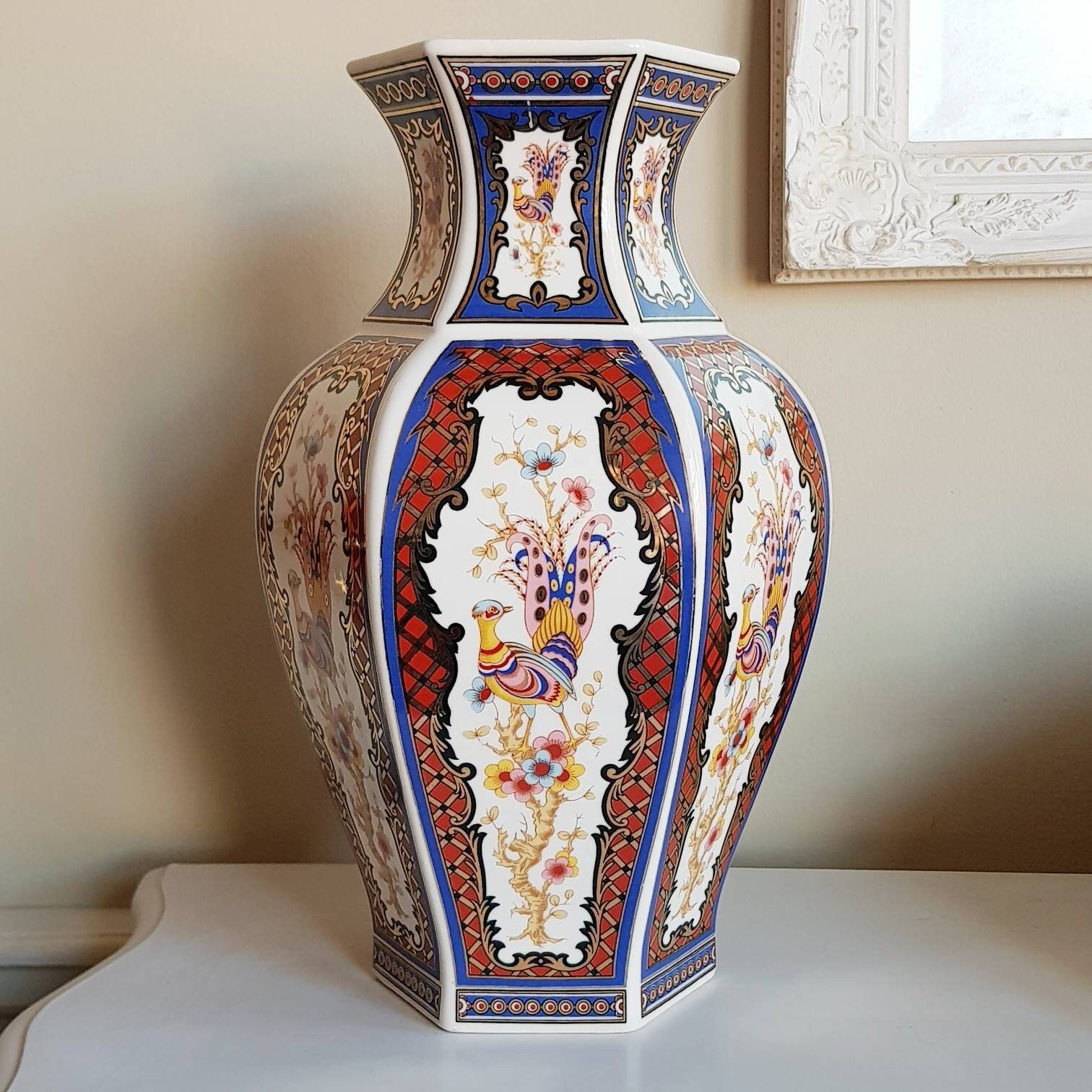 Vintage Large Flower Vase With Peacocks Motifs, Rich Details, Mother Day Gift For Her, Play Video photo furniture