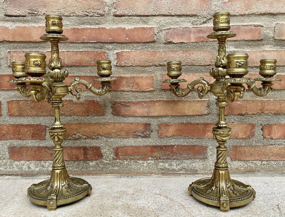 French Louis XVI Style 4 Light Candelabras In Gilt Bronze Set Of 2