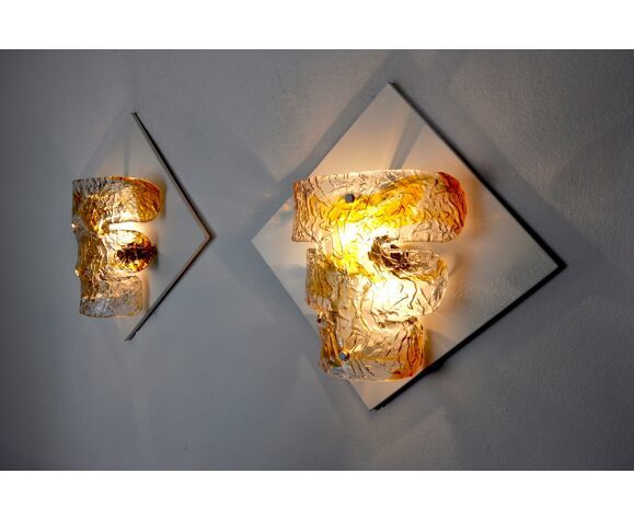Pair Of Murano Mazzega Sconces Orange Murano Blown Glass Italy 1960 photo 1989.0